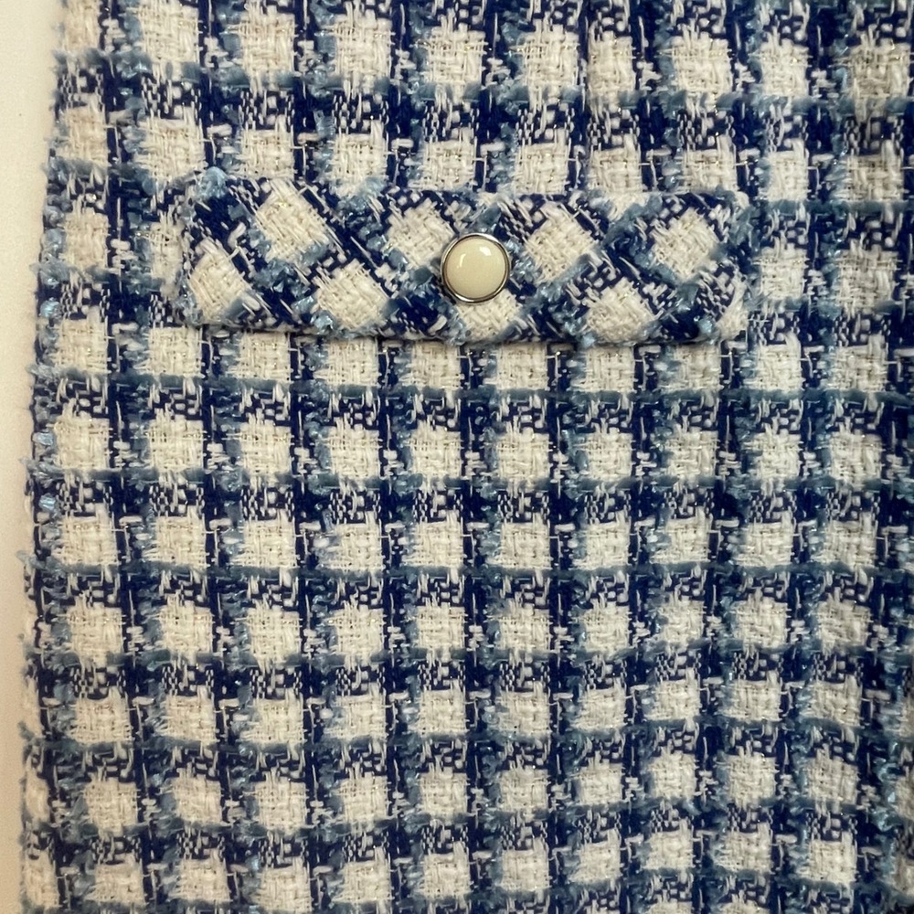 Melonie Women's Blue White Gingham Tweed Button Country Club Preppy Mini Dress 6 - Picture 5 of 8